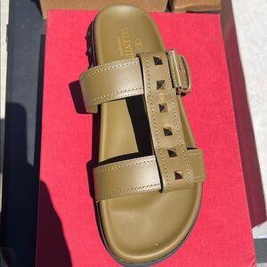 Valentino Khaki Studded Slide Sandals
